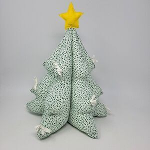 Vintage Handmade Tabletop Christmas Tree Green & White 15” Soft Stuffed Fabric